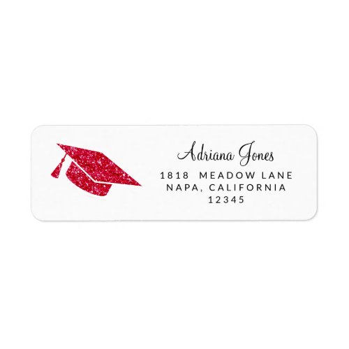 Luxury Red Glitter Graduation Hat Return Address Label