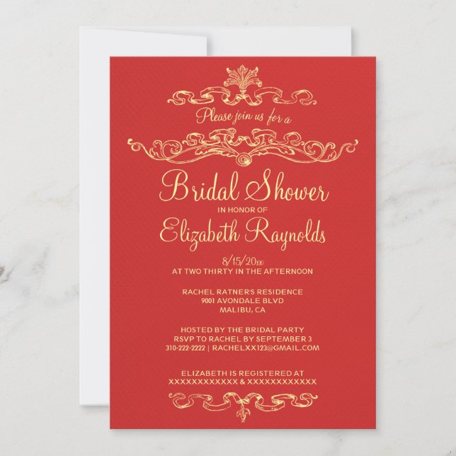 Luxury Red & Gold Bridal Shower Invitations (Front)