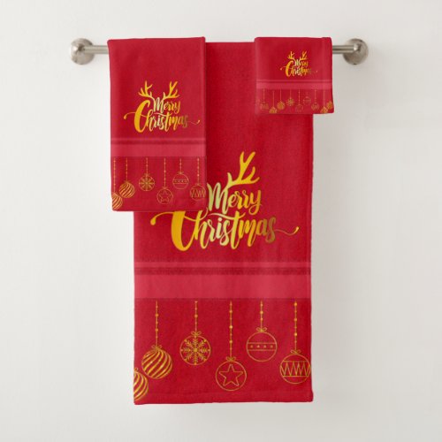 Luxury Red  Gold Christmas Bath Towel Set