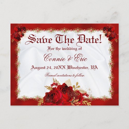 Luxury Red Gold Floral Roses Wedding Save The Date Announcement Postcard