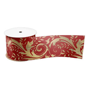 Luxury Red Gold Foil Ornate Floral Pattern Satin Ribbon