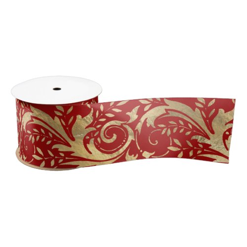 Luxury Red Gold Foil Ornate Floral Pattern Satin Ribbon