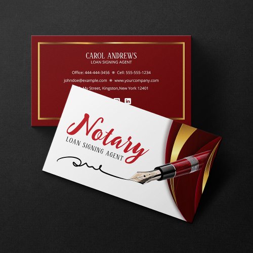 Luxury Red Gold Loan Signing Agent Notary Public Business Card