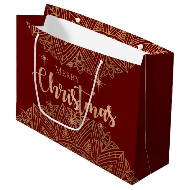 Luxury Red Gold Mandala Elegant Merry Christmas Large Gift Bag (Front Angled)
