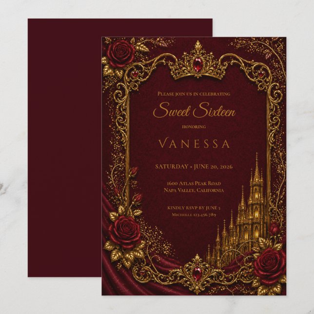 Luxury Red & Gold Princess Sweet 16 Invitation (Front/Back)