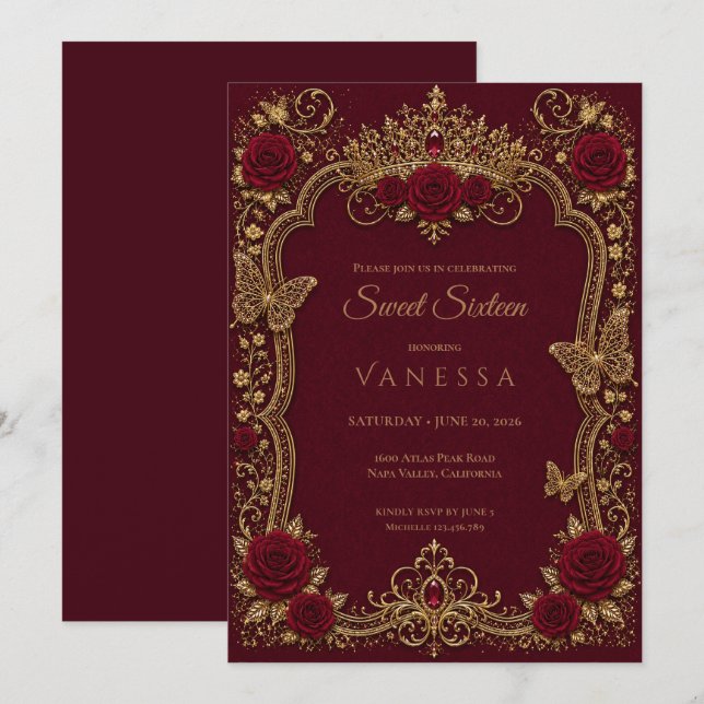 Luxury Red & Gold Princess Sweet 16 Invitation (Front/Back)