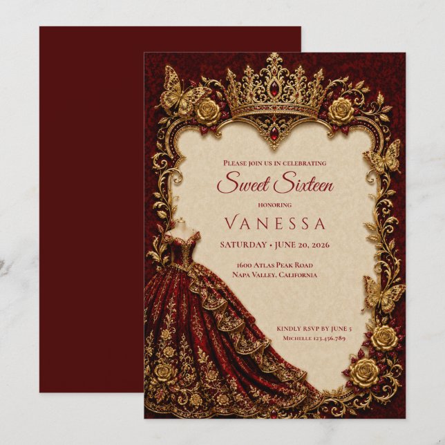 Luxury Red & Gold Princess Sweet 16 Invitation (Front/Back)