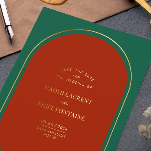 Luxury Red Green and Gold Save The Date Foil Invitation