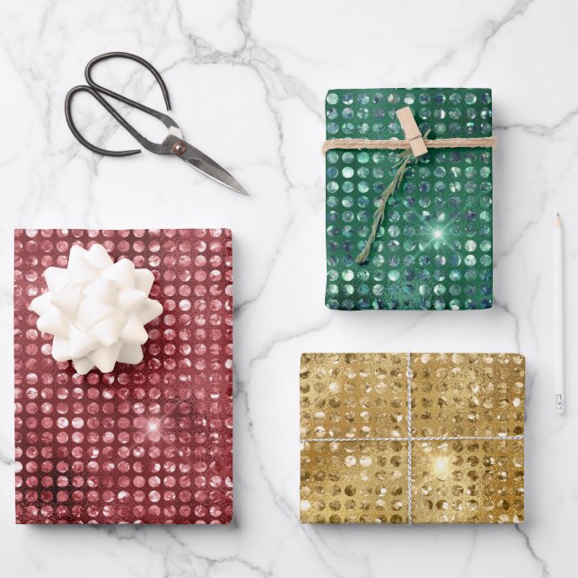 Luxury Red, Green, and Gold Shimmer Christmas Wrapping Paper Sheets (Front)