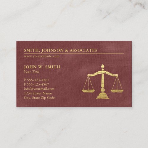 Luxury Red Lawyer Scales of Justice Gold effect Business Card