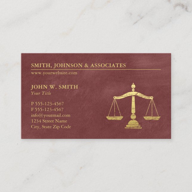 Luxury Red Lawyer Scales of Justice Gold effect Business Card (Front)