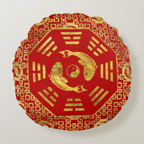 Luxury  Red on gold Pair of Koi Fish in Bagua Round Pillow
