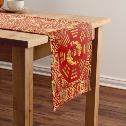 Luxury  Red on gold Pair of Koi Fish in Bagua Short Table Runner