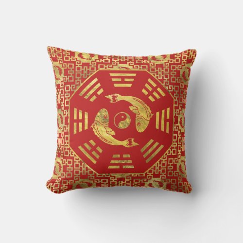 Luxury  Red on gold Pair of Koi Fish in Bagua Throw Pillow