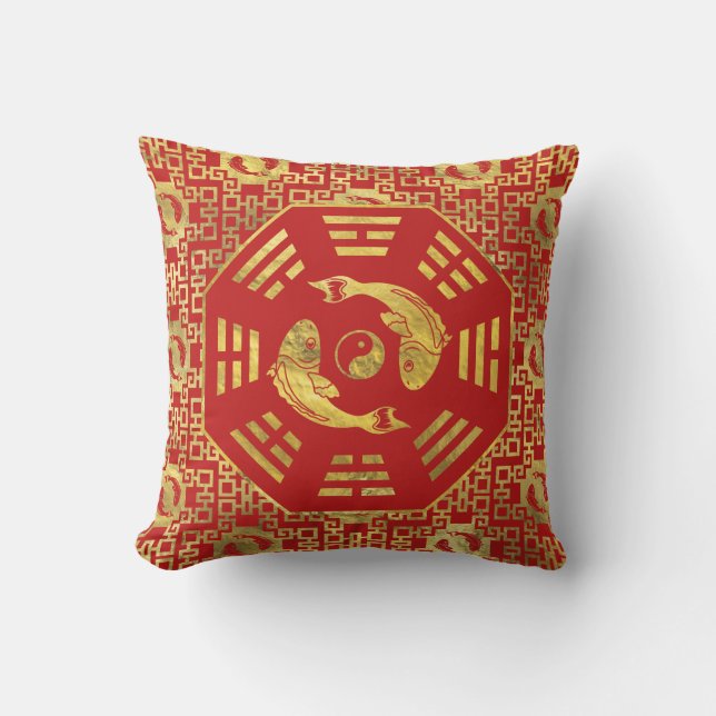 Luxury  Red on gold Pair of Koi Fish in Bagua Throw Pillow (Front)