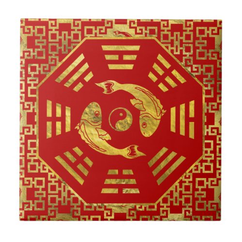 Luxury  Red on gold Pair of Koi Fish in Bagua Tile