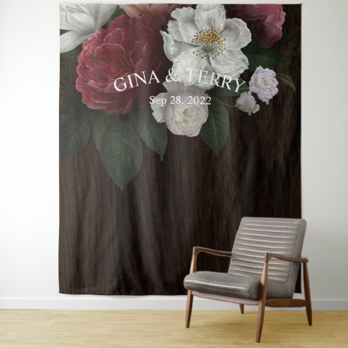 Luxury Red Pink White Floral Rustic Wood Wedding Tapestry