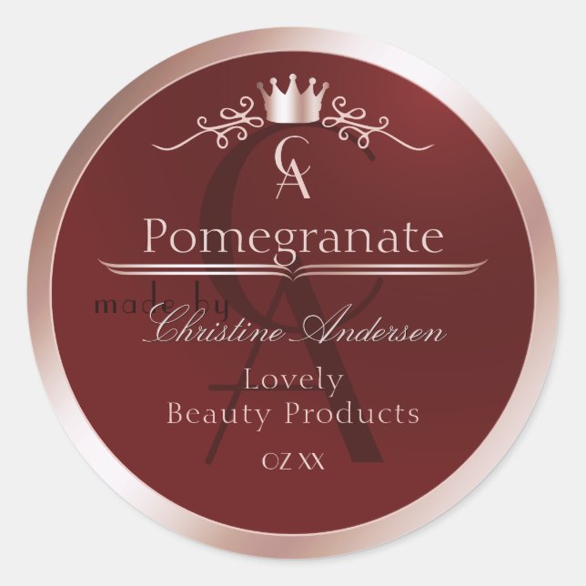 Luxury Red Product Label Rose Gold Frame Monogram (Front)