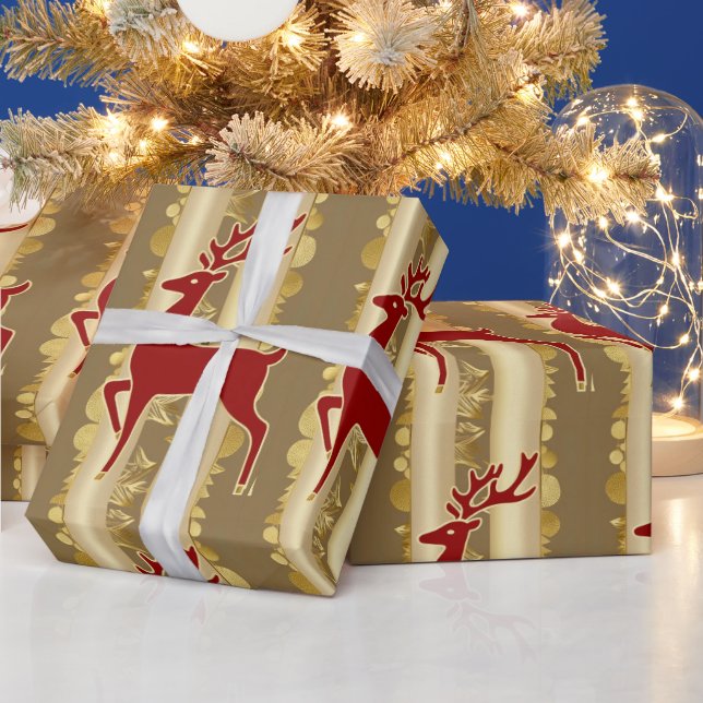 Luxury Red reindeer moose Gold merry Xmas Pattern Wrapping Paper (Holidays)