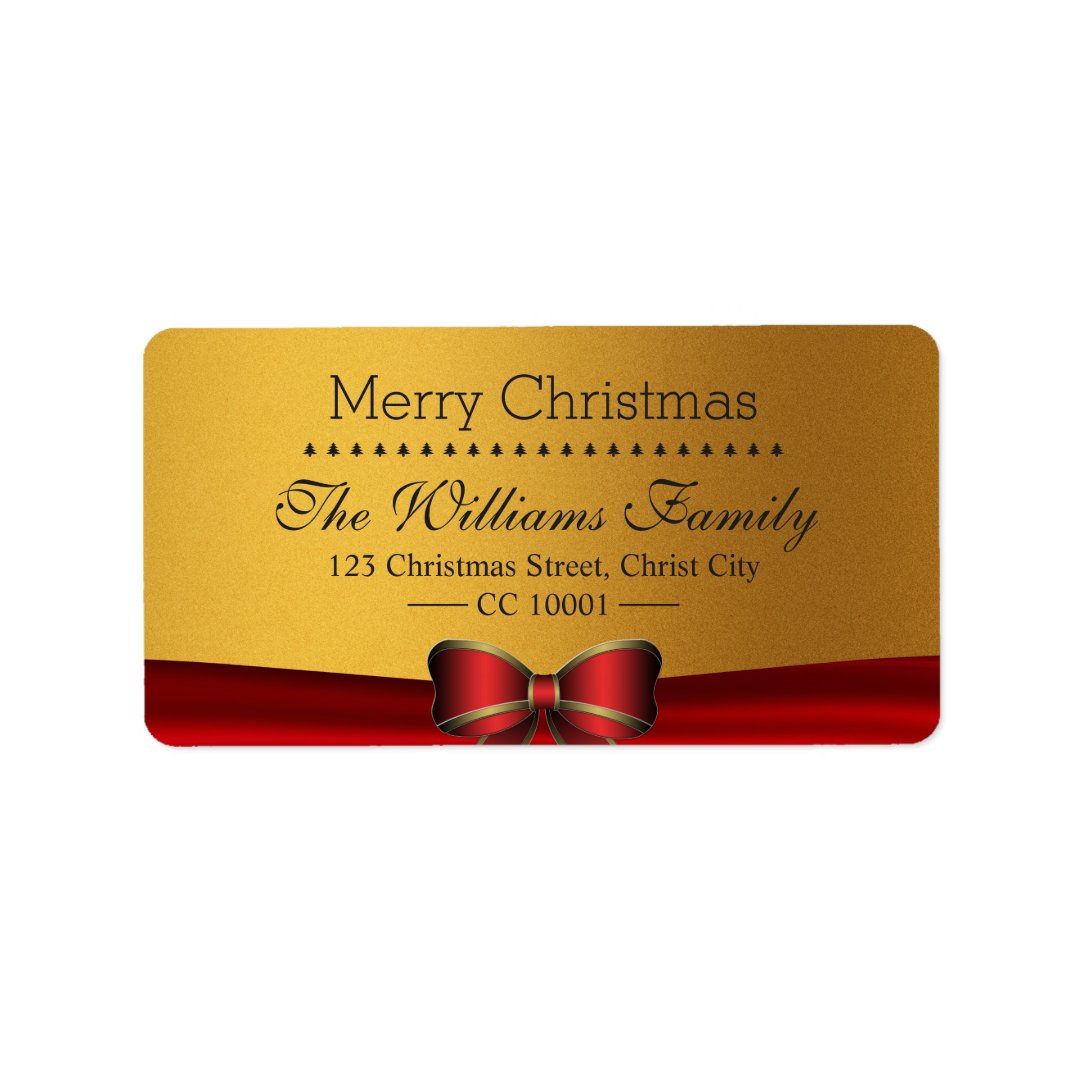 Luxury Red Ribbon & Gold Glitter Christmas Address Label Zazzle