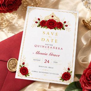 Luxury Red Rose and Gold Crown Quinceañera Save The Date