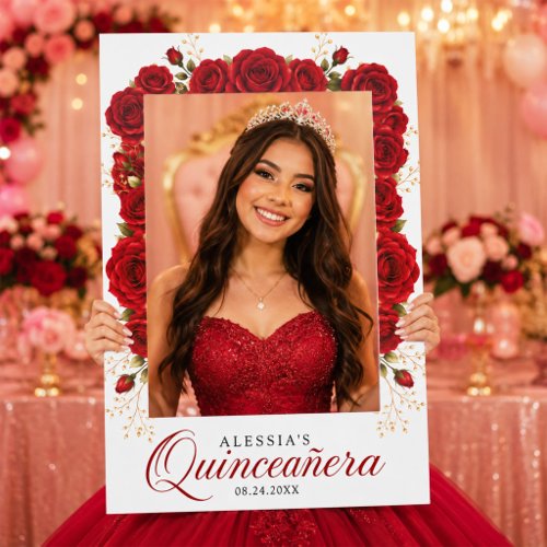 Luxury Red Rose Floral Quinceañera Party Photo Selfie Frame