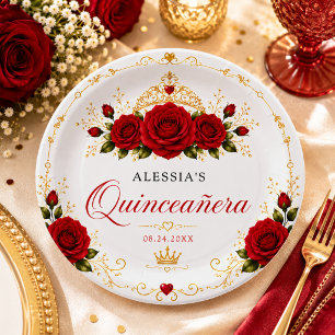 Luxury Red Rose Gold Crown Elegant Quinceañera Paper Plates