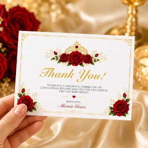 Luxury Red Rose Princess Quinceañera Thank You Card