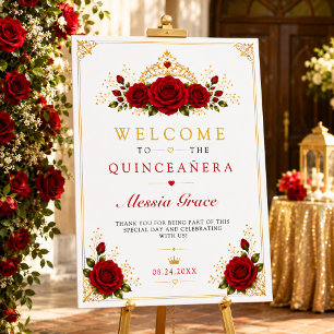 Luxury Red Rose Quinceañera Welcome Sign