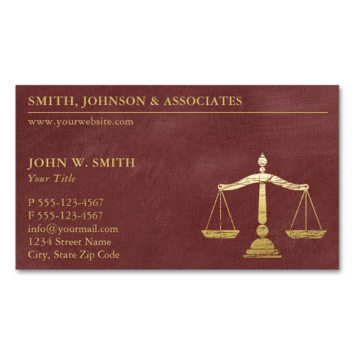 Luxury Red Scales of Justice Gold effect Lawyer Business Card Magnet