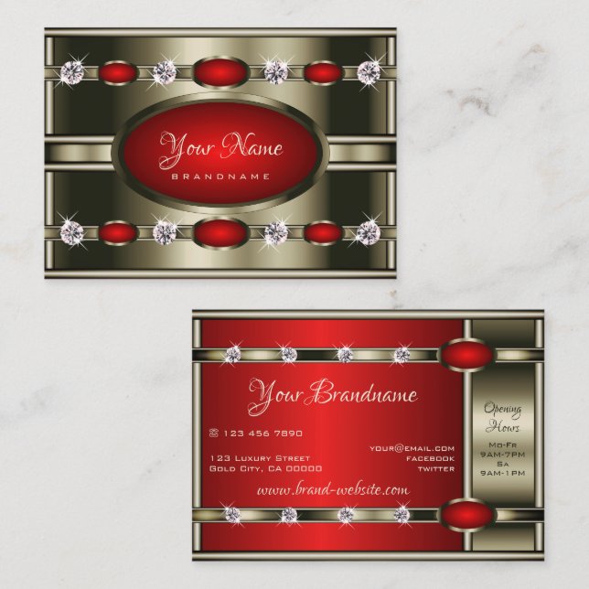 Luxury Red Shimmery Metal Optics with Rhinestones Business Card (Front/Back)