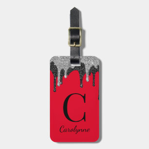 Luxury Red Silver Black Glitter Drips Monogram Luggage Tag
