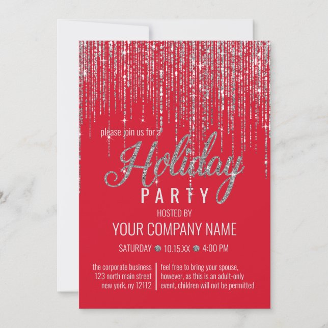 Luxury Red Silver Glitter Fringe Corporate Holiday Invitation (Front)
