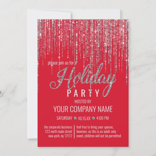 Luxury Red Silver Glitter Fringe Corporate Holiday Invitation