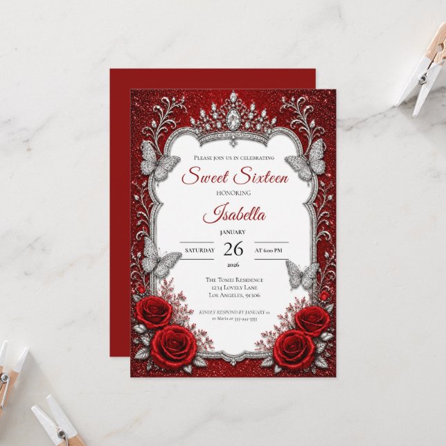 Luxury Red Silver Princess Sweet 16 Invitation (Front/Back In Situ)
