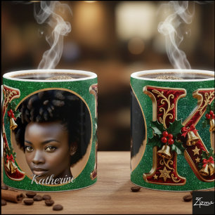 Luxury Red Velvet Gold Christmas Letter K Coffee Mug