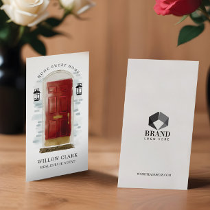 Luxury Red Watercolor Door Real Estate Photo Logo Business Card