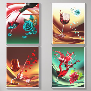 Luxury Red Wine Glass with Teal Roses Canvas Photo Tile