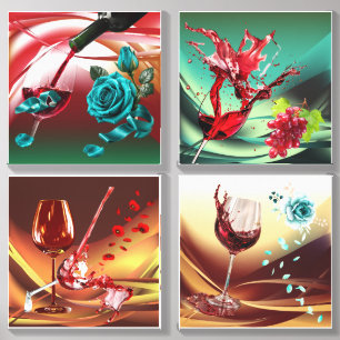 Luxury Red Wine Glass with Teal Roses Canvas Photo Tile