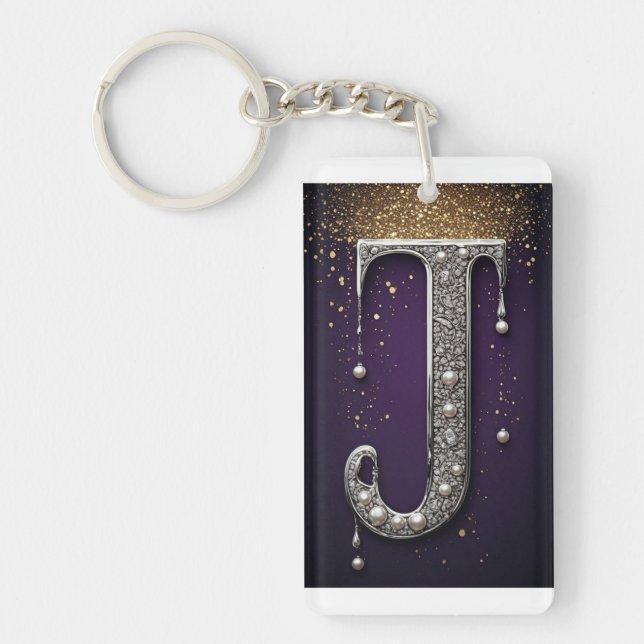 Luxury Rhinestone J Letter With Diamonds, Pearls  Keychain (Front)