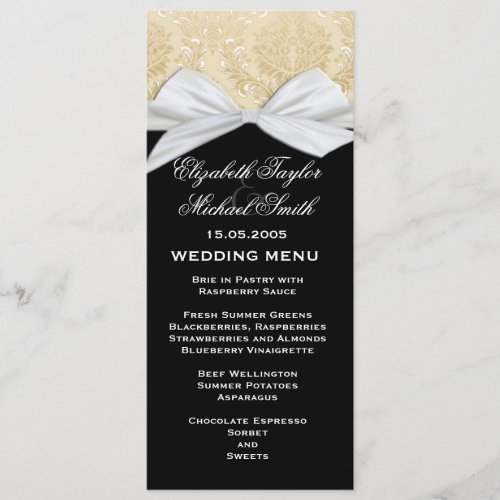 Luxury Ribbon Black Gold Damask Wedding Menu
