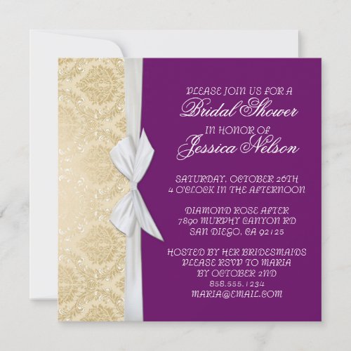 Luxury Ribbon Purple Gold Damask Shower Invite