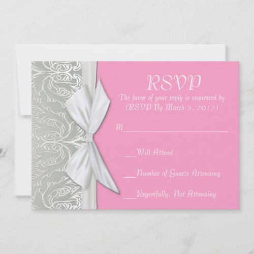 Luxury Ribbon Silver/Pink Damask RSVP card