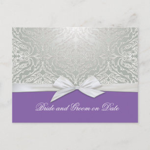 Luxury Ribbon Silver/Purple Damask Save date card