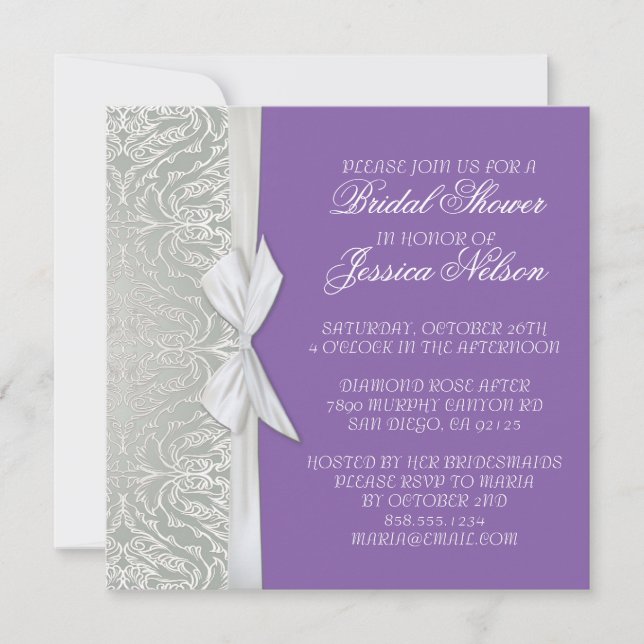 Luxury Ribbon Silver/Purple Damask Shower Invite (Front)