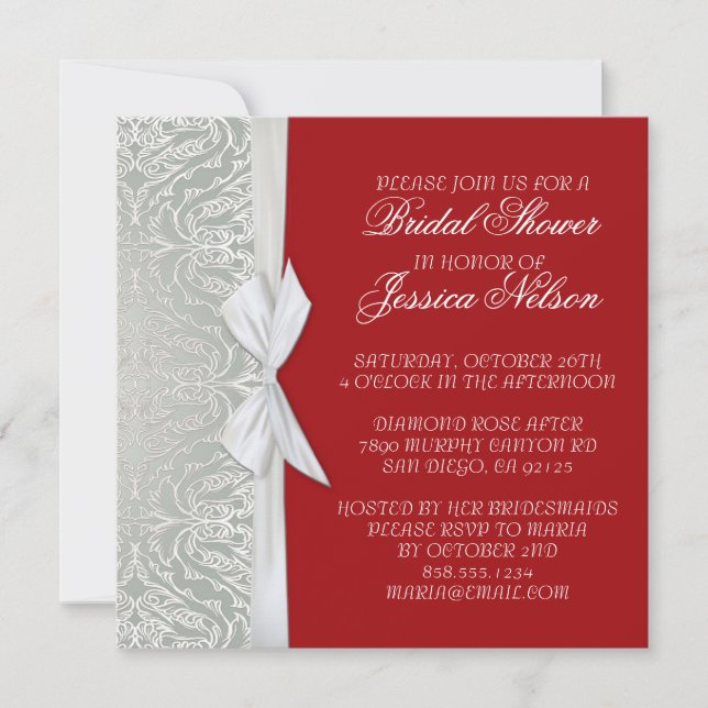 Luxury Ribbon Silver/Red Damask Shower Invite (Front)