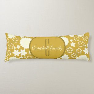 LUXURY RICH GOLD CREAM ROYAL BLUE FLOWER MONOGRAM BODY PILLOW