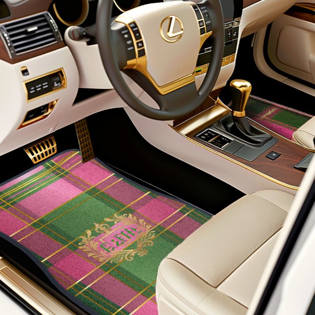 Luxury Rich Pink Green Plaid Crest Monogram Car Floor Mat (Chic Monogrammed Pink and Green Plaid Car Mats )