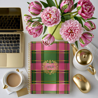 Luxury Rich Pink Green Plaid Crest Monogram Notebook