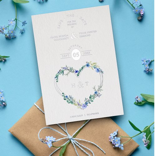 Luxury Romantic Botanical Floral Blue Shades Heart Foil Invitation